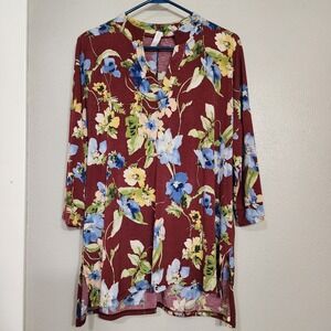 Honeyme Top Floral 3/4 Sleeve‎ Women's Large V Neck Boho Blouse Pullover